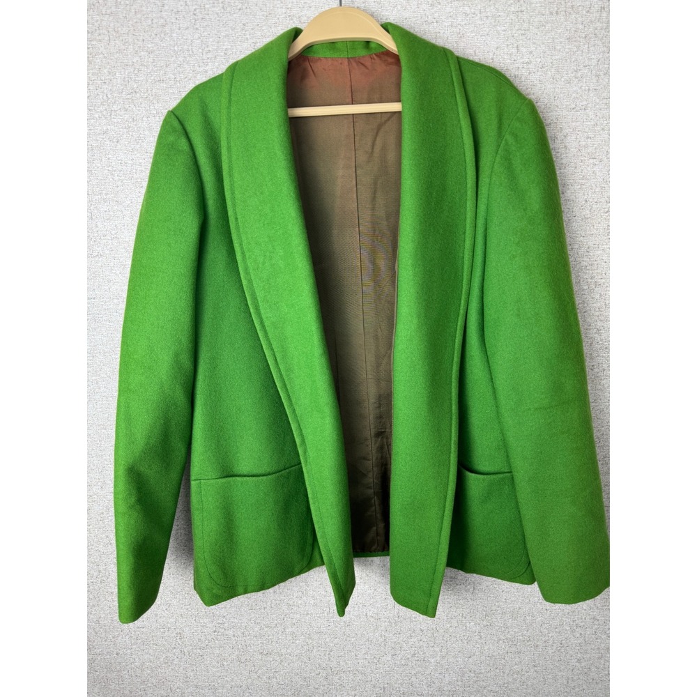 Vintage 70s Kelly Green Wool Shawl Collar Open Front Jacket Blazer Lined Pockets